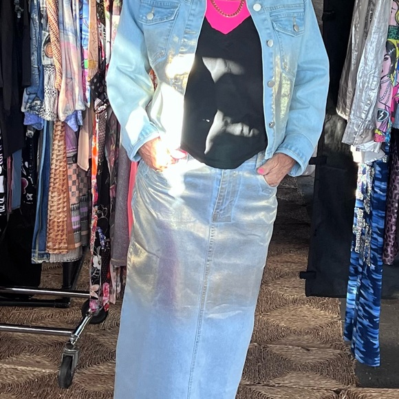 Set of Metallic Gold Denim Jeans Skirt & Jacket, Large Light Blue - Picture 3 of 16